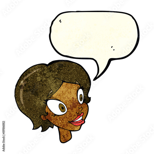 cartoon pretty female face with speech bubble