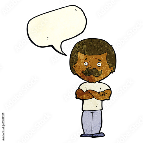 cartoon manly mustache man with speech bubble