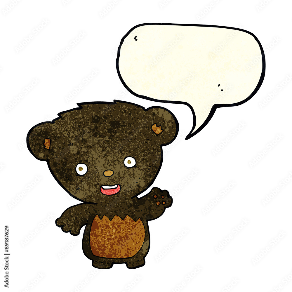 cartoon black bearcub waving with speech bubble cartoon black bearcub waving with speech bubble