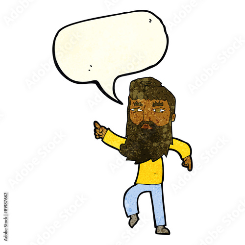 cartoon bearded man pointing the way with speech bubble