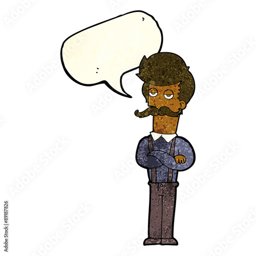 cartoon man with mustache with speech bubble