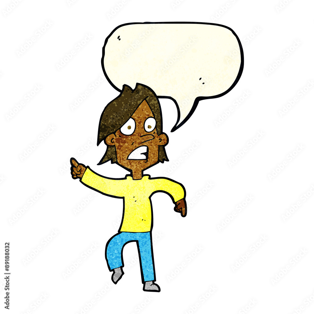 Fototapeta premium cartoon worried man pointing with speech bubble