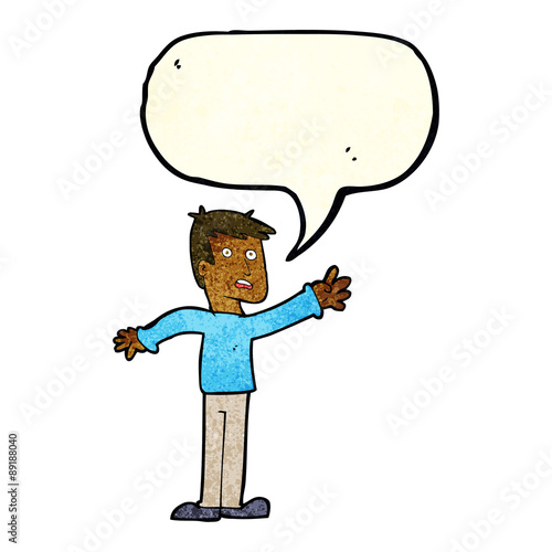 cartoon worried man reaching with speech bubble