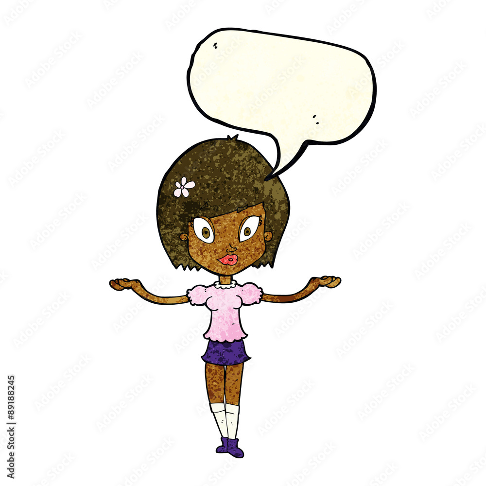 cartoon woman making balancing gesture with speech bubble cartoon woman making balancing gesture with speech bubble