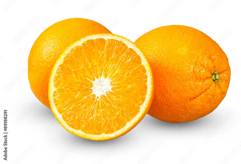 Fresh orange fruits, sliced. rich with vitamins. isolated on white background Fresh orange fruits, sliced. rich with vitamins. isolated on white background