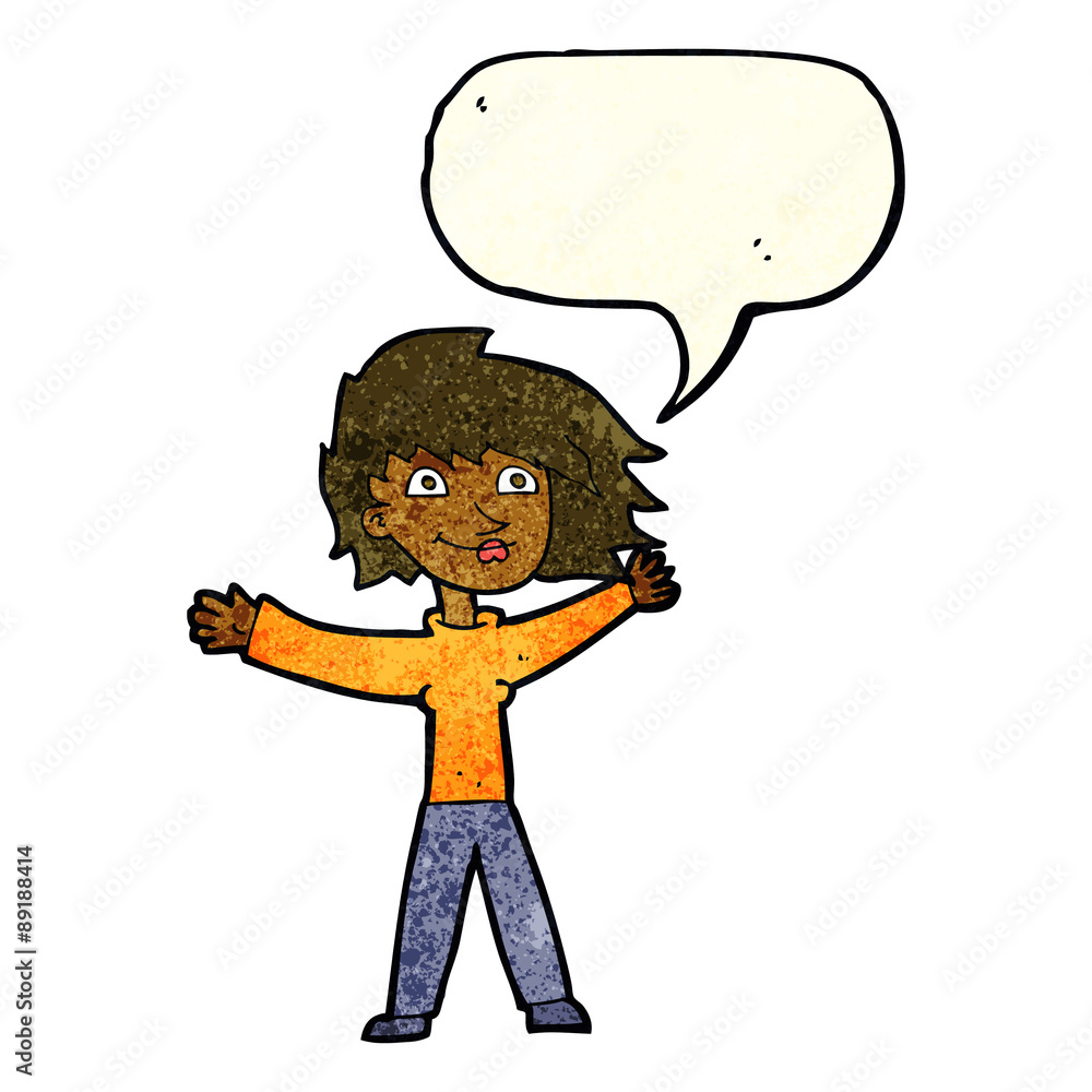 cartoon excited woman waving with speech bubble