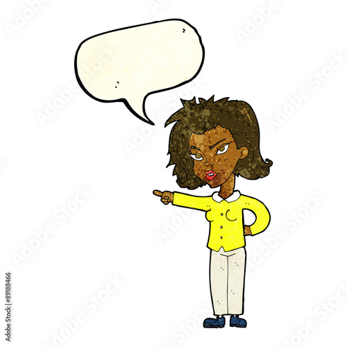 cartoon woman pointing with speech bubble