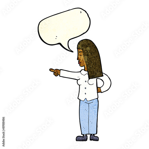 cartoon woman pointing with speech bubble