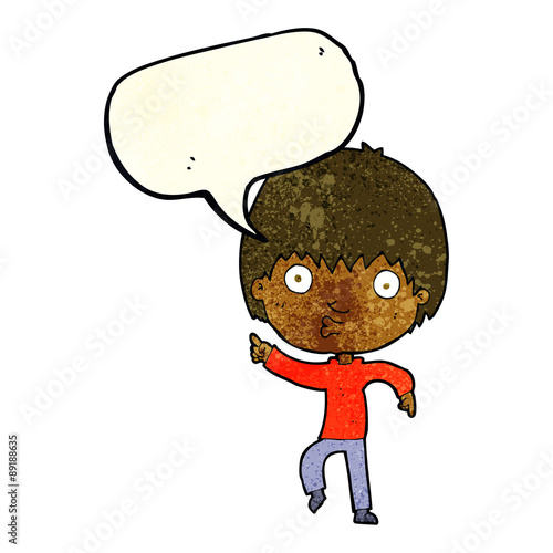 cartoon impressed boy pointing with speech bubble