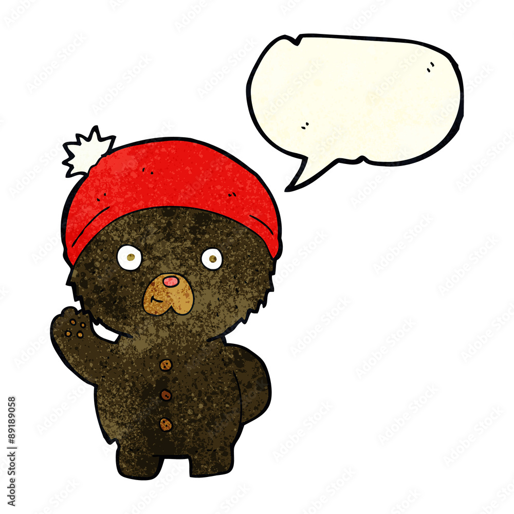 cartoon waving black teddy bear in winter hat with speech bubble cartoon waving black teddy bear in winter hat with speech bubble
