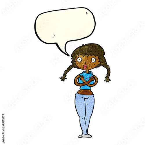 cartoon offended woman covering herself with speech bubble