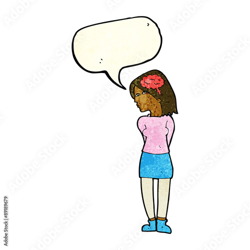 cartoon brainy woman with speech bubble