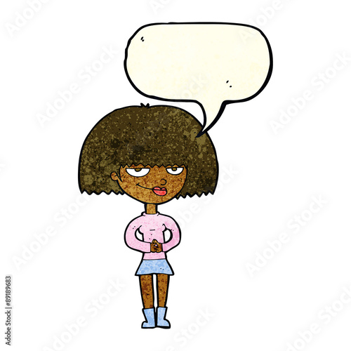 cartoon sly woman with speech bubble