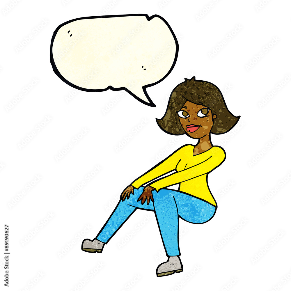 cartoon happy woman sitting with speech bubble cartoon happy woman sitting with speech bubble