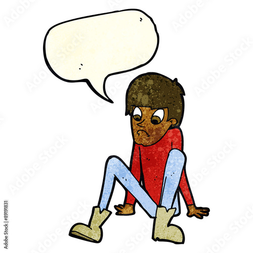 cartoon boy sitting on floor with speech bubble