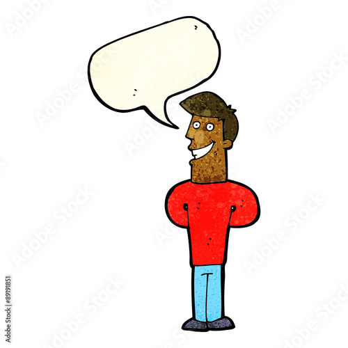 cartoon grinning man with speech bubble