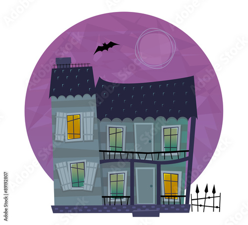 Spooky House - Two story house with crooked windows and doors in front of an abstract purple background. Eps10