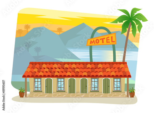 Motel - Cute motel with palm tree at the front and landscape of mountains, sea and palm trees in the background. Eps10