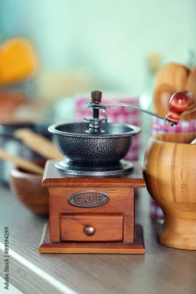 Composition with different utensils on wooden wooden table in kitchen Composition with different utensils on wooden wooden table in kitchen