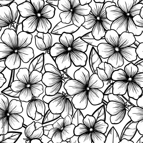 Beautiful seamless background in black-and-white style. Blossoming branches of trees. Outline of flowers. Symbol of spring.