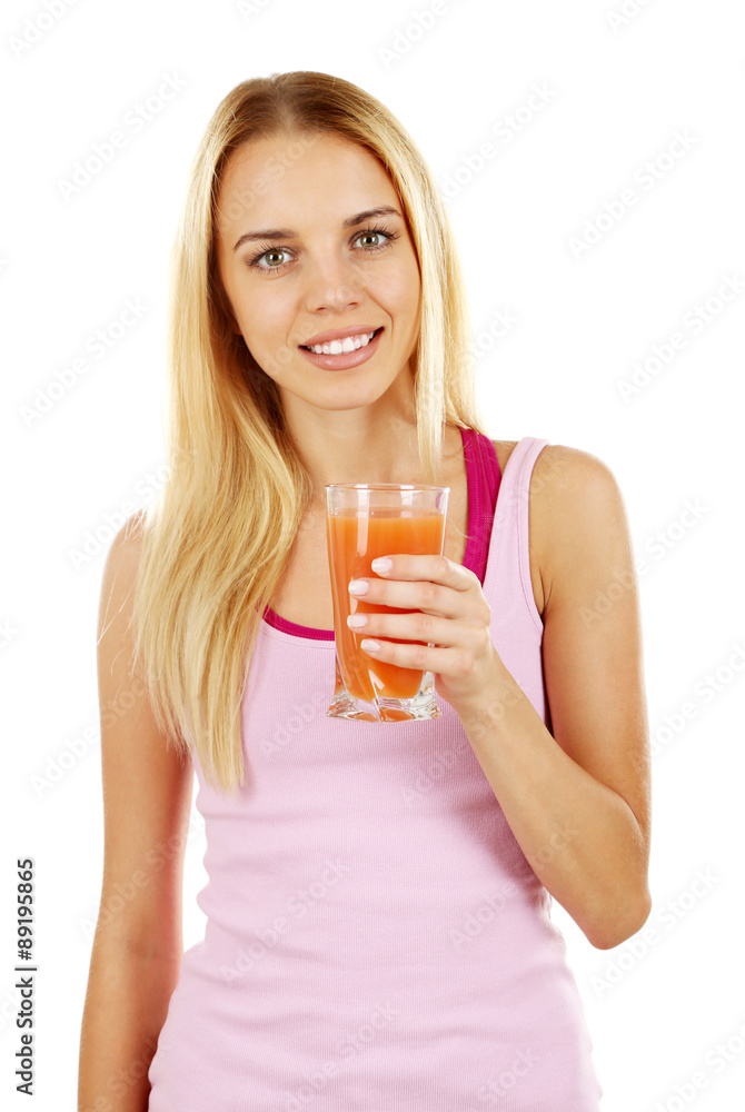 Young beautiful woman with glass of fresh grapefruit juice, isolated on white Young beautiful woman with glass of fresh grapefruit juice, isolated on white