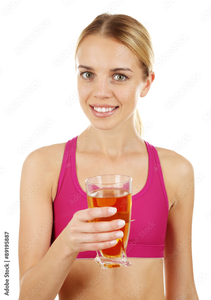 Young beautiful woman with glass of fresh orange juice, isolated on white Young beautiful woman with glass of fresh orange juice, isolated on white