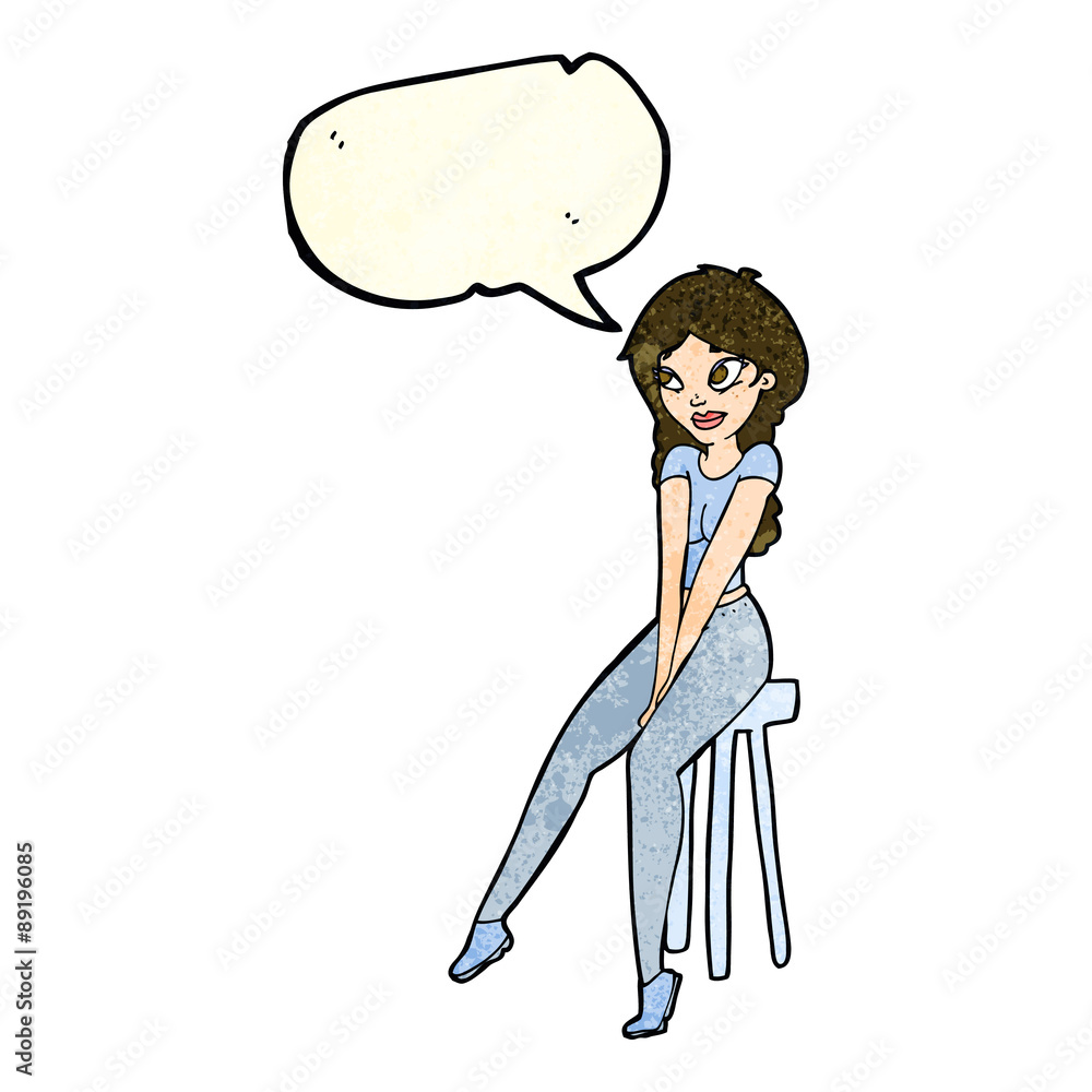 cartoon pretty girl on stool with speech bubble cartoon pretty girl on stool with speech bubble