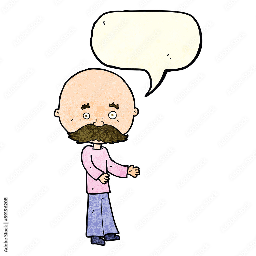 cartoon man with mustache with speech bubble