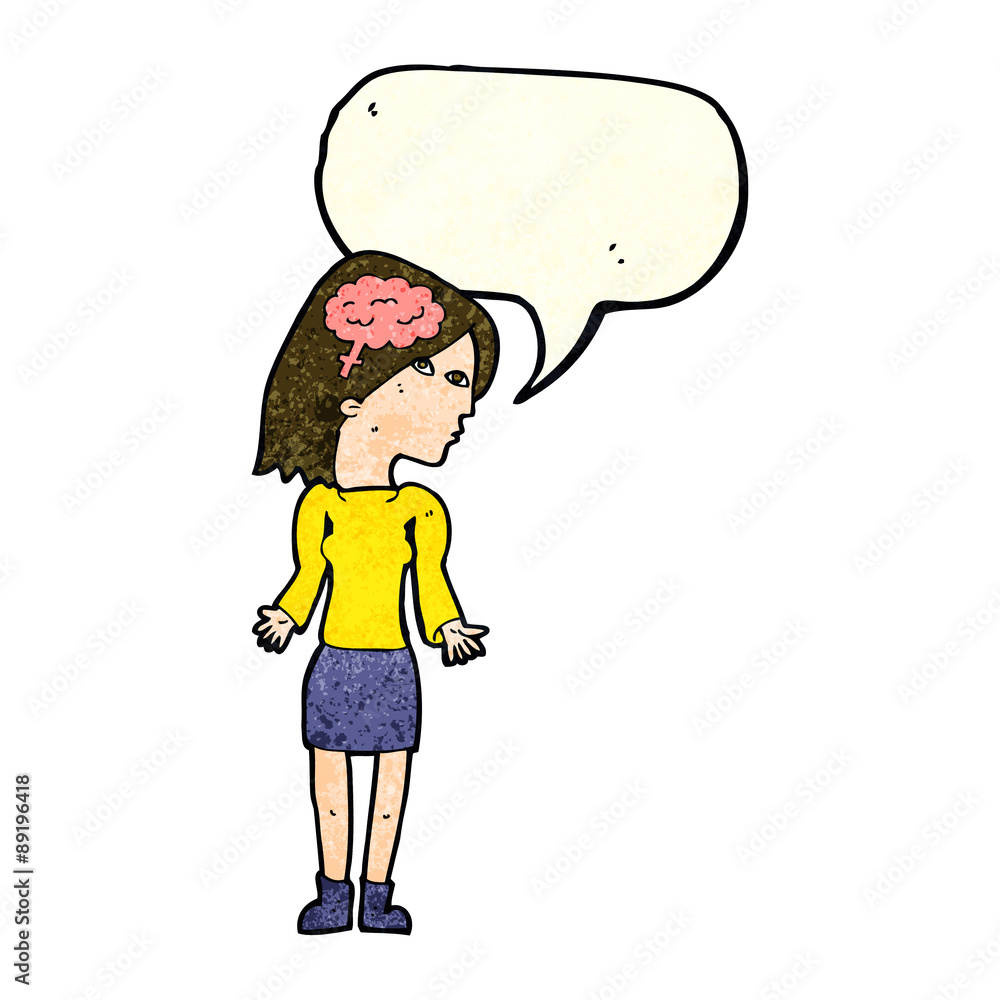 cartoon clever woman shrugging shoulders with speech bubble cartoon clever woman shrugging shoulders with speech bubble