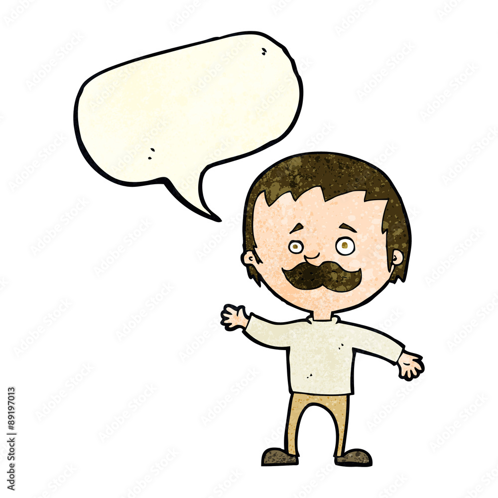 cartoon man with mustache waving with speech bubble cartoon man with mustache waving with speech bubble