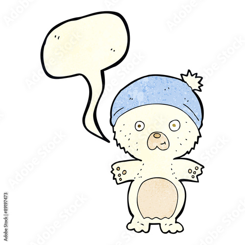 cartoon cute polar bear in hat with speech bubble