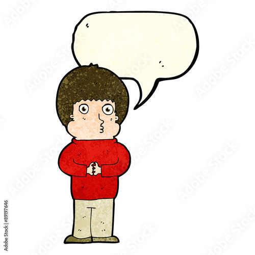 cartoon shy boy with speech bubble