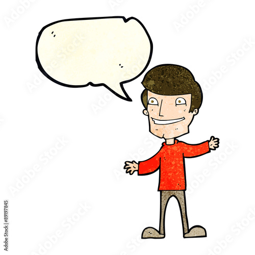 cartoon grinning man with speech bubble