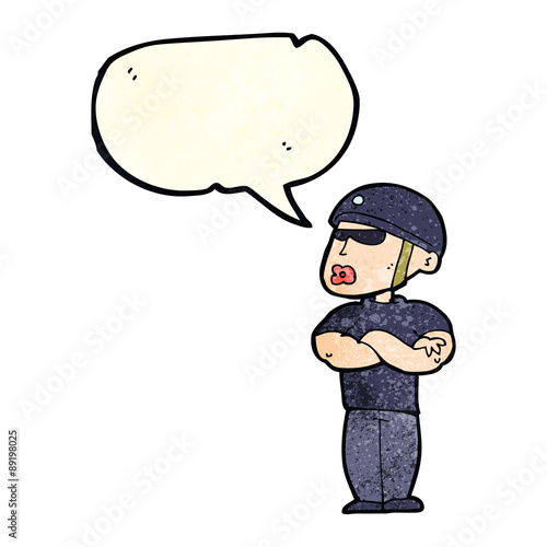 cartoon security guard with speech bubble