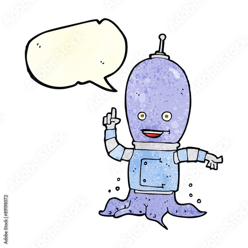 cartoon alien spaceman with speech bubble