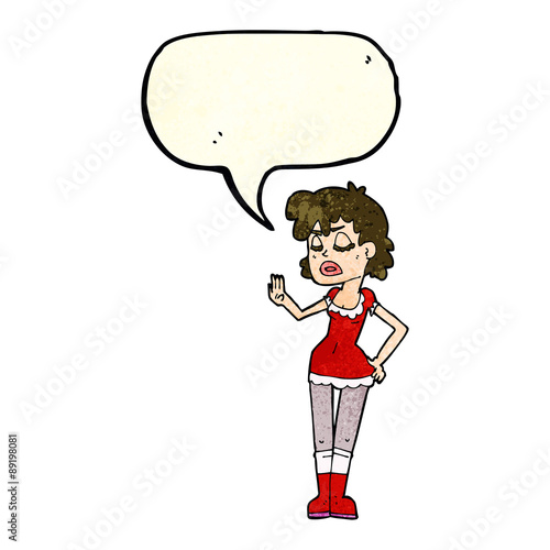 cartoon woman making dismissive gesture with speech bubble