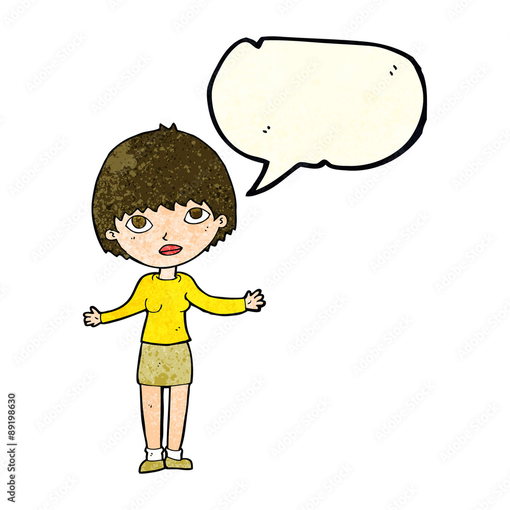 cartoon woman shrugging with speech bubble cartoon woman shrugging with speech bubble