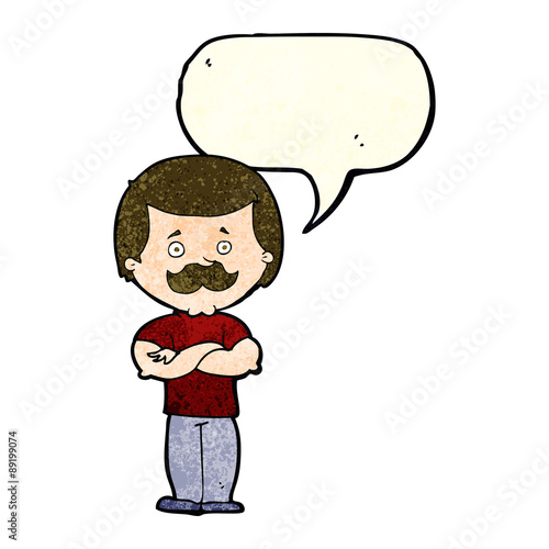 cartoon manly mustache man with speech bubble