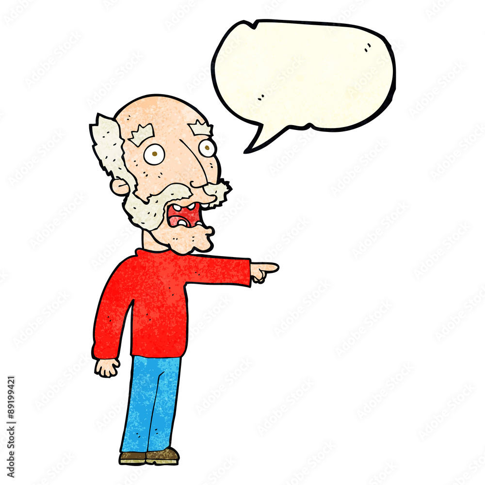 cartoon scared old man pointing with speech bubble
