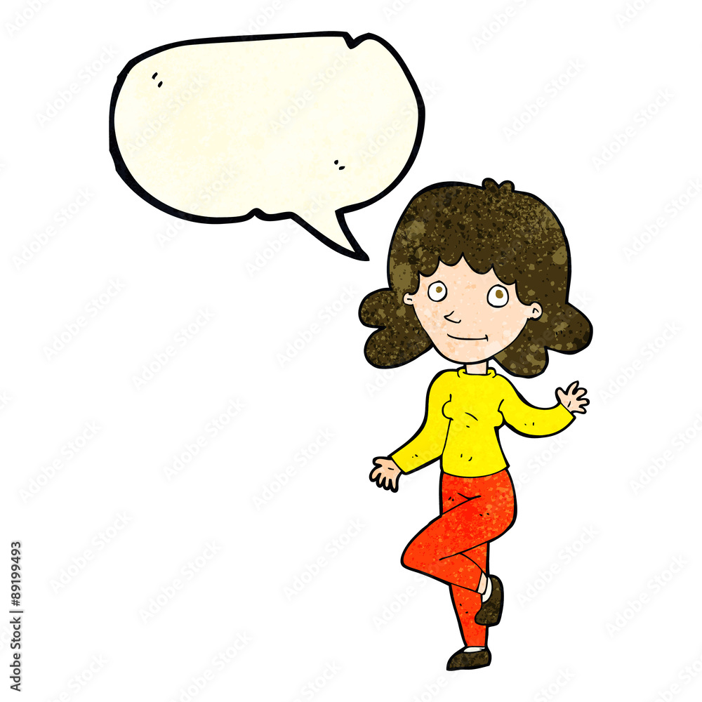 cartoon friendly woman waving with speech bubble cartoon friendly woman waving with speech bubble