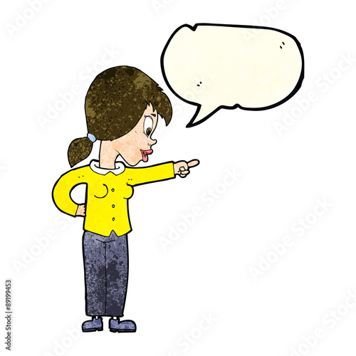 cartoon enthusiastic woman pointing with speech bubble