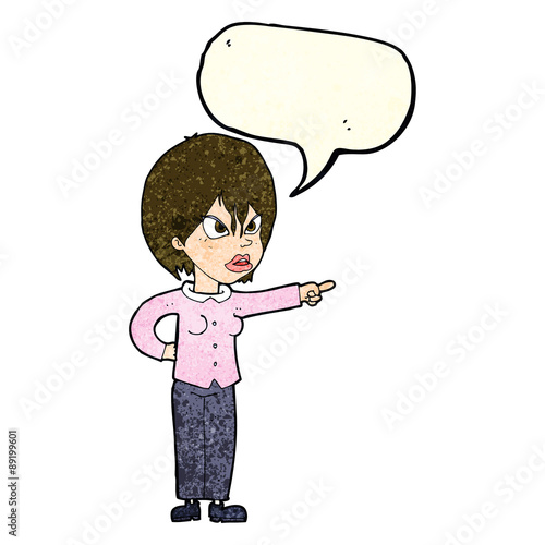 cartoon woman accusing with speech bubble