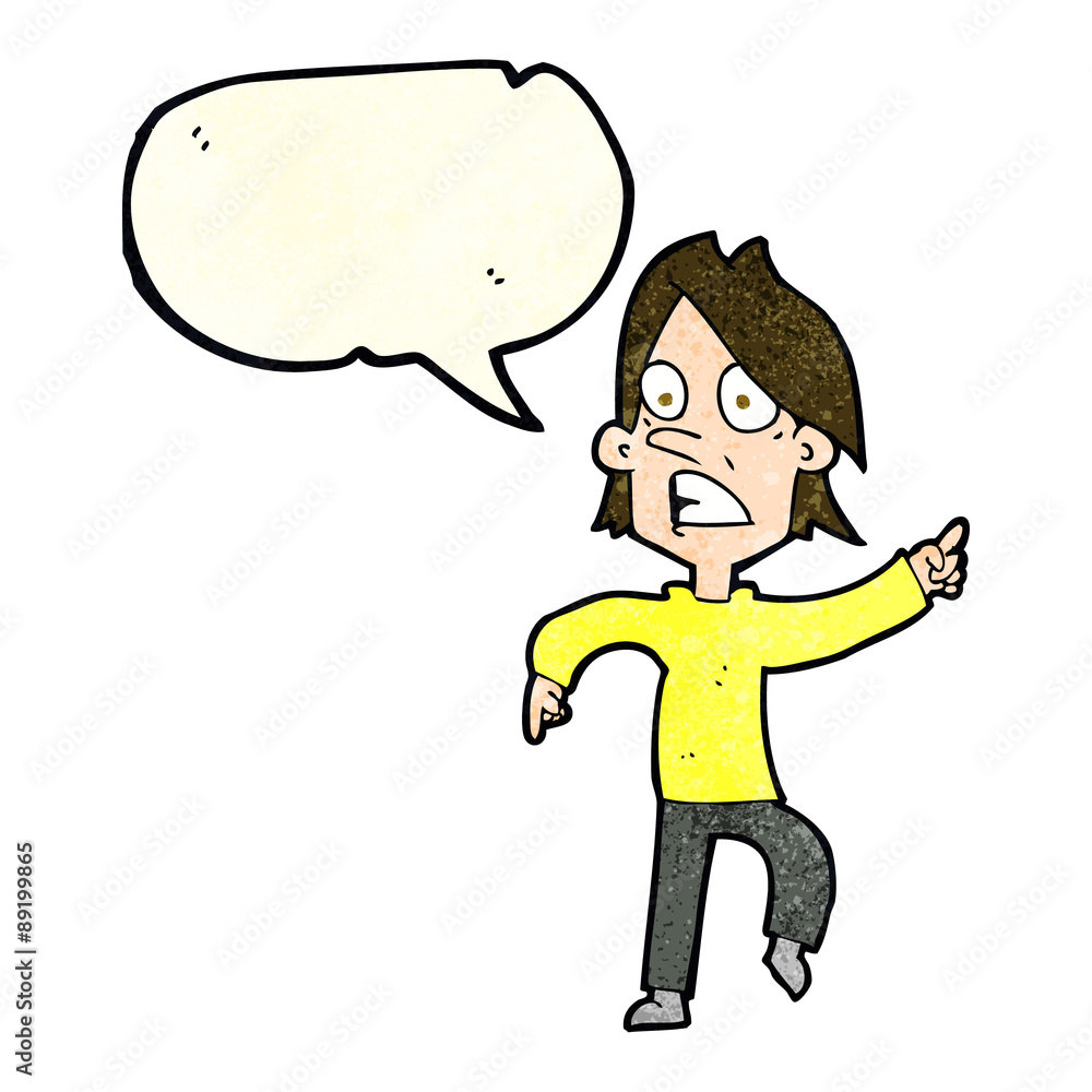 Fototapeta premium cartoon worried man pointing with speech bubble