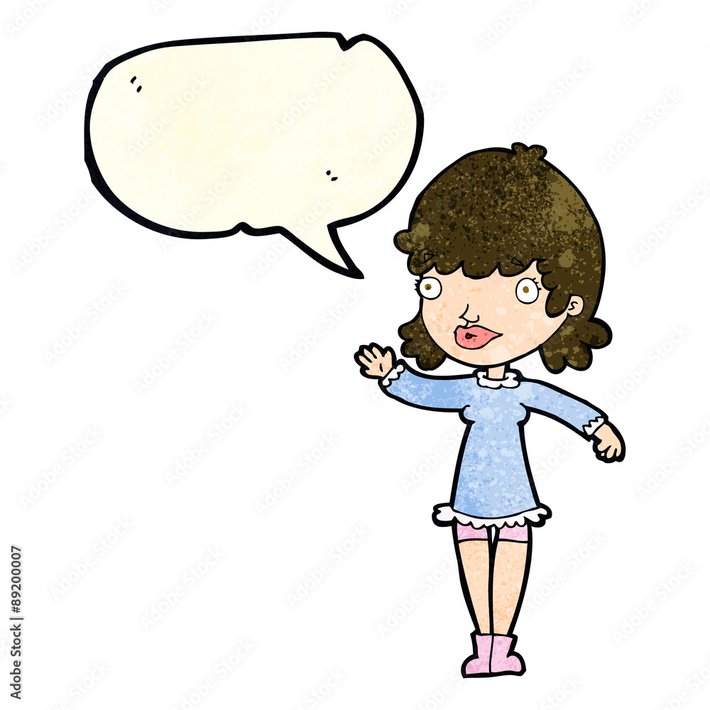 cartoon woman waving with speech bubble cartoon woman waving with speech bubble