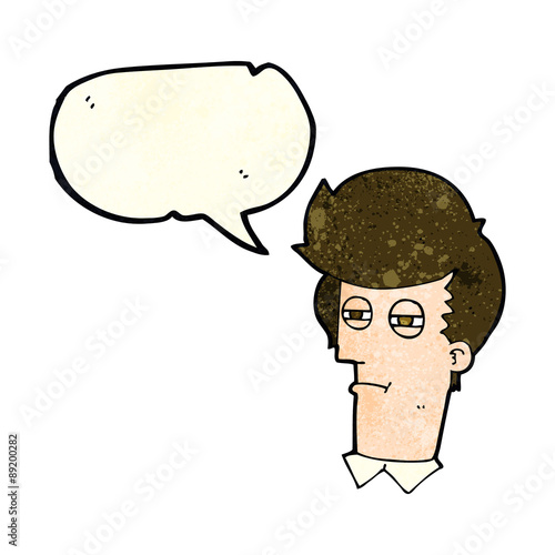 cartoon man with narrowed eyes with speech bubble