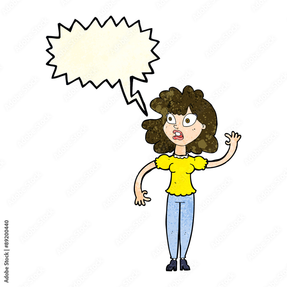 cartoon worried woman waving with speech bubble cartoon worried woman waving with speech bubble