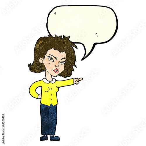 cartoon woman pointing with speech bubble