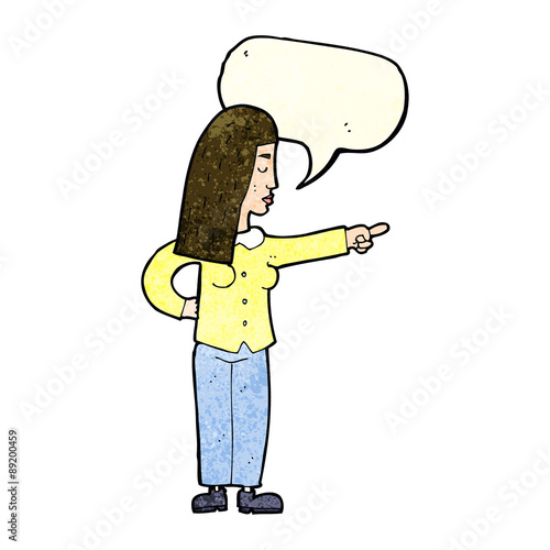 cartoon woman pointing with speech bubble