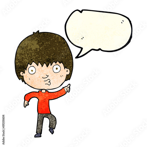 cartoon impressed boy pointing with speech bubble