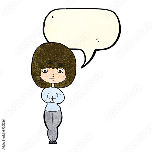 cartoon shy woman with speech bubble
